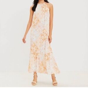Loft Maxi‎ Dress Halter Neck Patchwork Palm Floral Print Sleeveless Summer M